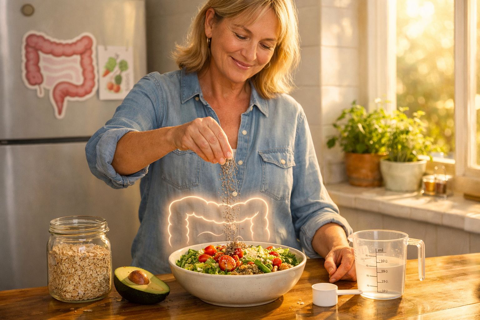 Mulher a temperar salada saudável com legumes numa cozinha iluminada e uma imagem do intestino no fundo.