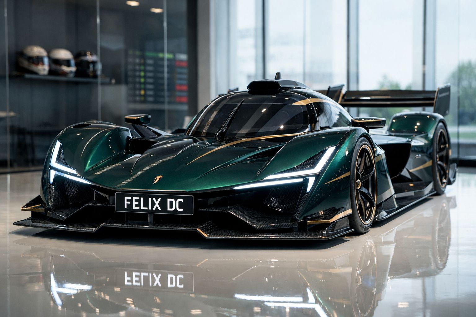 Carro desportivo elétrico de alta performance Felix DC verde escuro com luzes LED e design aerodinâmico, interior moderno.