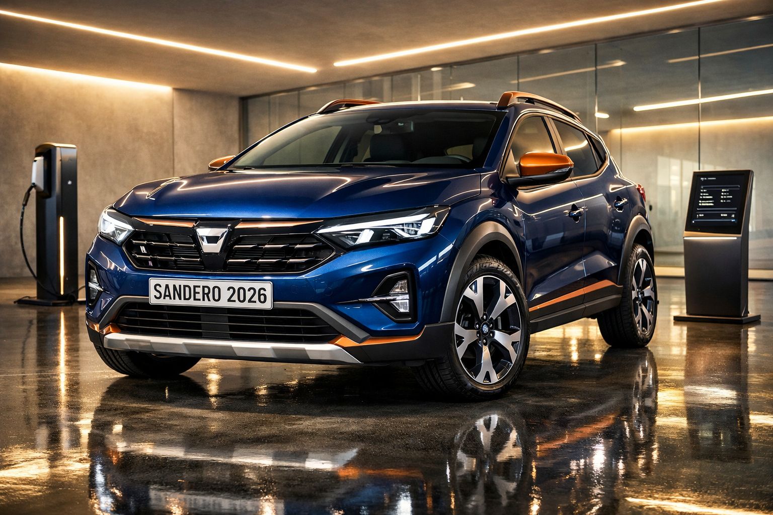 Carro Dacia Sandero 2026 azul com detalhes laranja em ambiente interior moderno com carregador elétrico ao fundo.