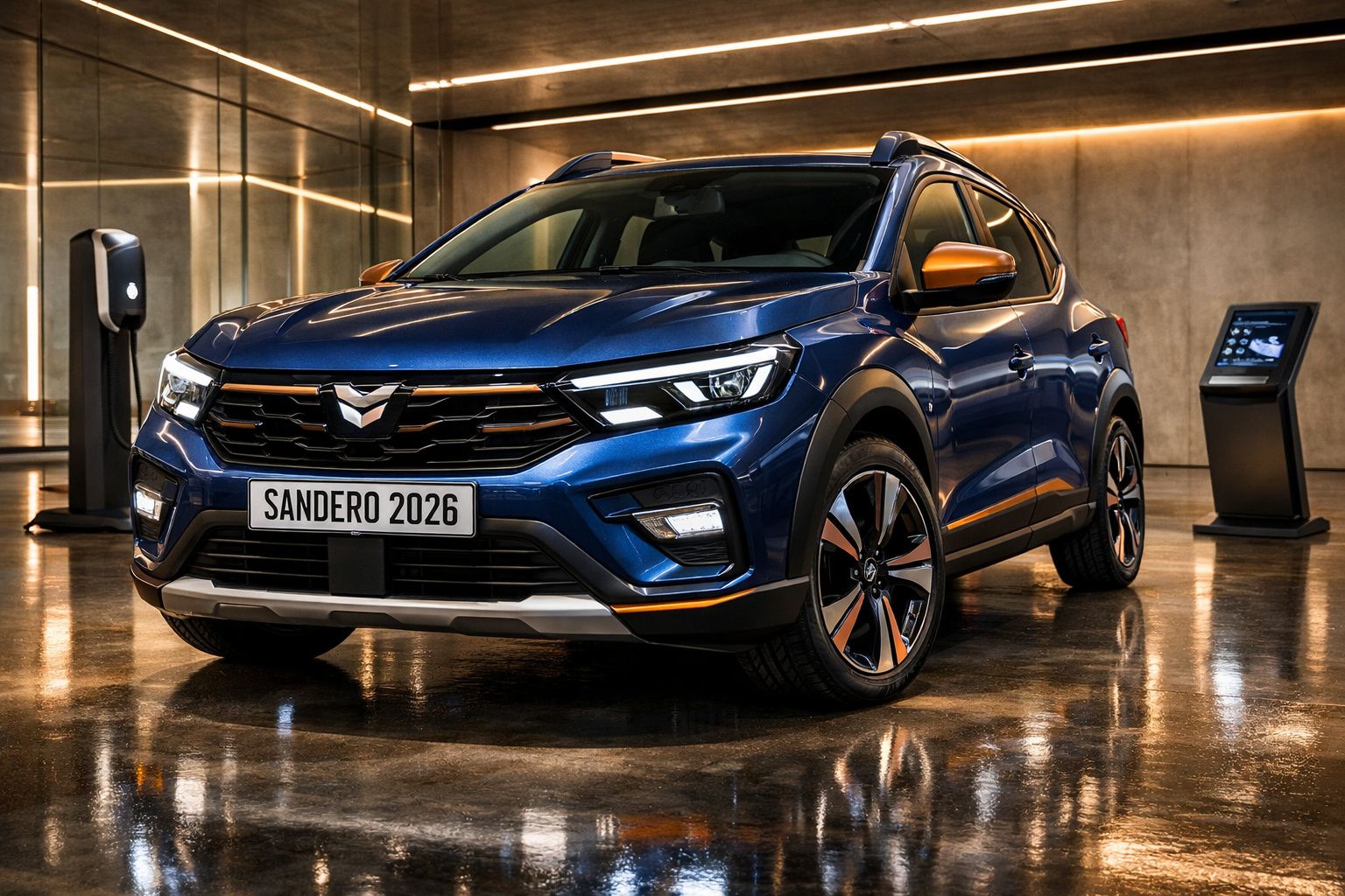 Carro elétrico azul Sandero 2026 em espaço moderno com piso refletivo, estação de carregamento e ecrã digital.
