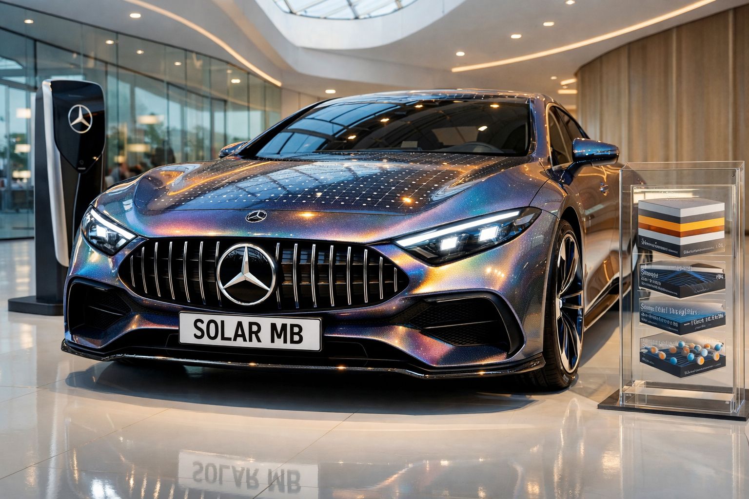 Carro elétrico Mercedes-Benz prateado com efeito solar brilhante, em exposição dentro de edifício moderno.