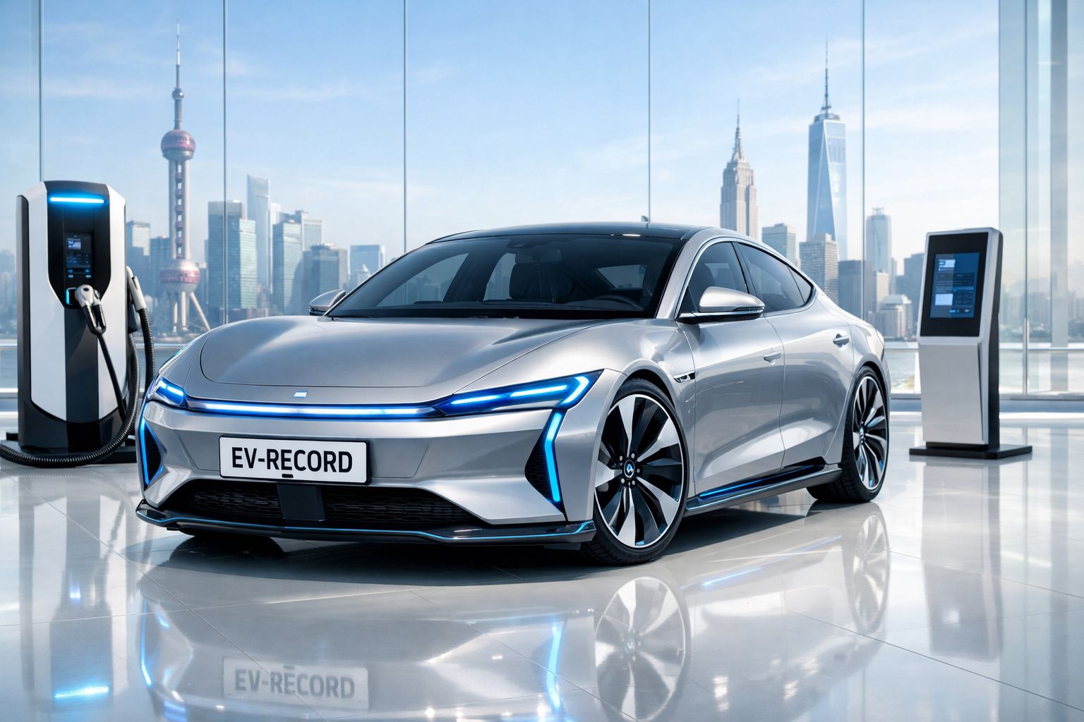 Carro elétrico prateado futurista estacionado perto de estação de carregamento com cidade ao fundo.