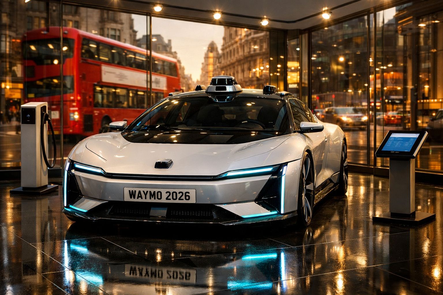 Carro autónomo elétrico branco estacionado em espaço urbano com autocarro vermelho em fundo, placa Waymo 2026.