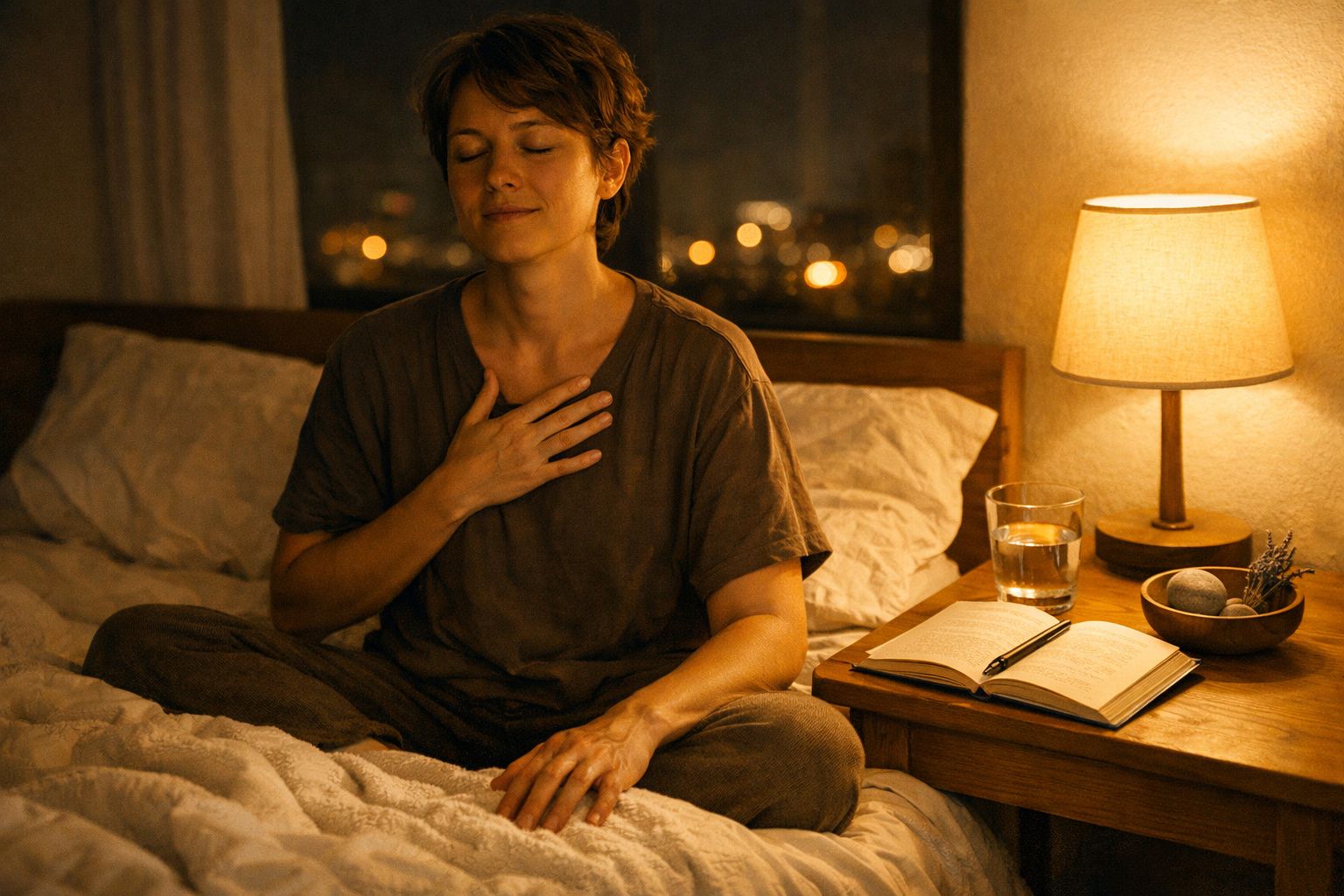 Pessoa sentada na cama pratica meditação com olhos fechados, ao lado mesa com livro, copo de água e candeeiro aceso.