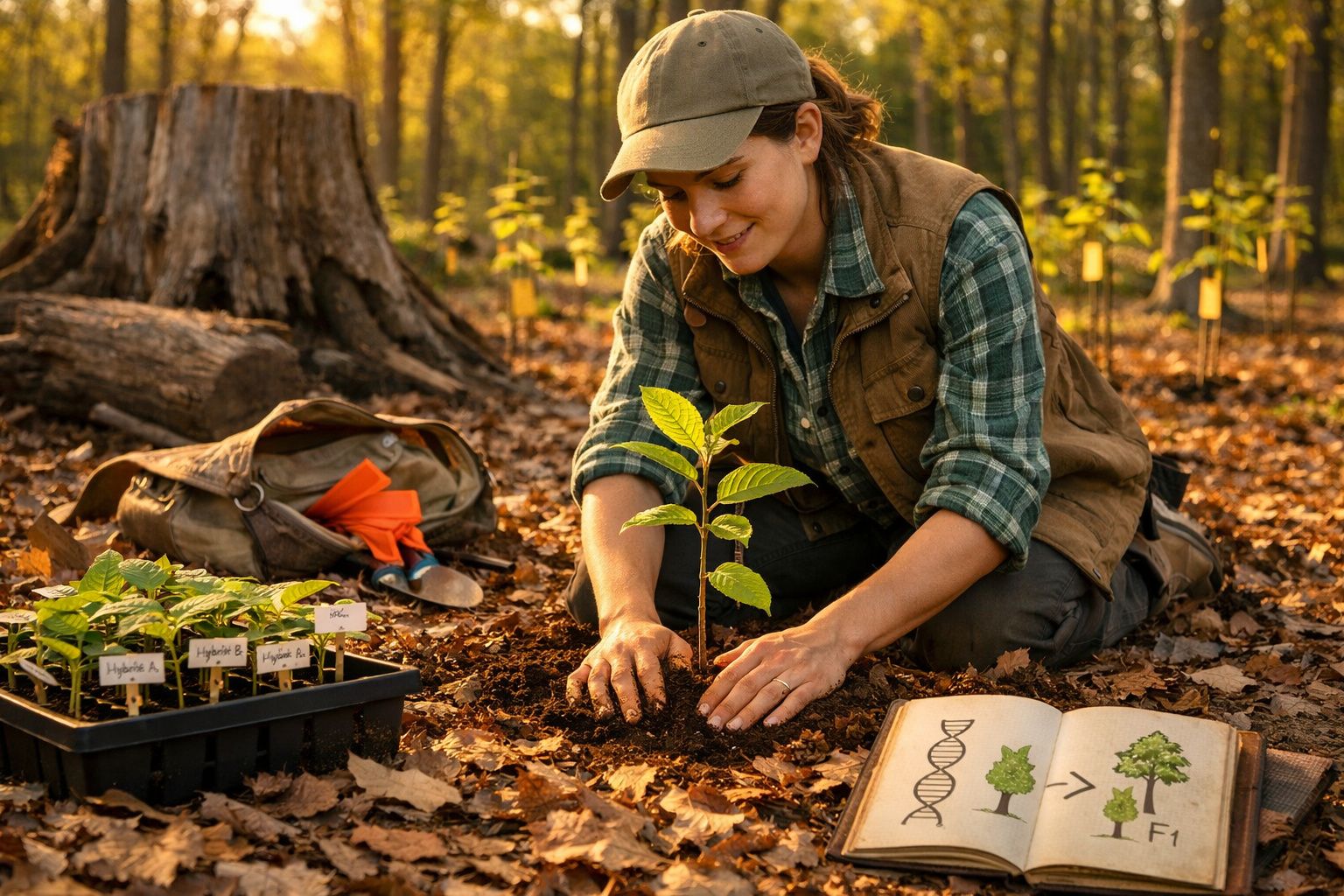 Mulher a plantar uma muda de árvore numa floresta, com estufa, mochila e livro aberto ao lado.