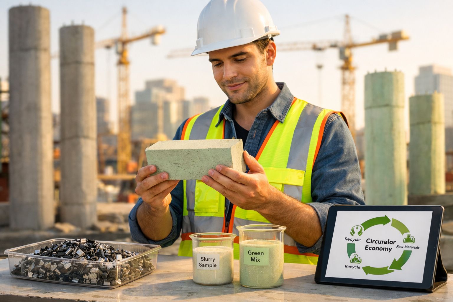 Engenheiro numa obra a analisar material reciclado para construção sustentável com economia circular.