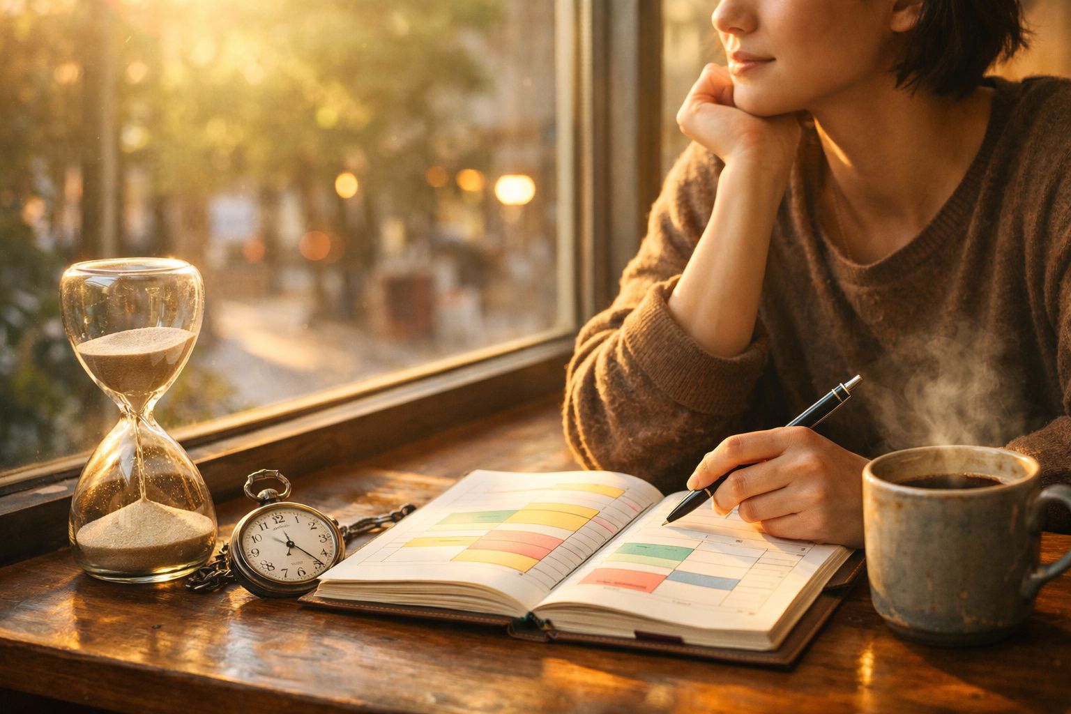 Pessoa a planear tarefas numa agenda, com ampulheta, relógio e chá quente numa mesa junto à janela.