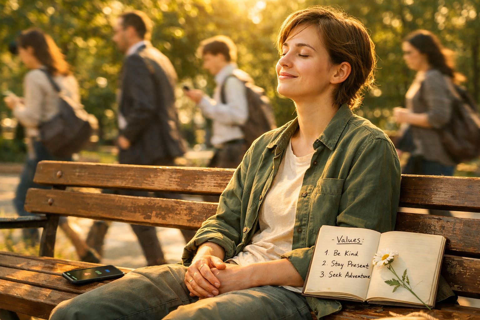 Jovem sentada num banco de parque com olhos fechados, caderno aberto com lista de valores e flor.