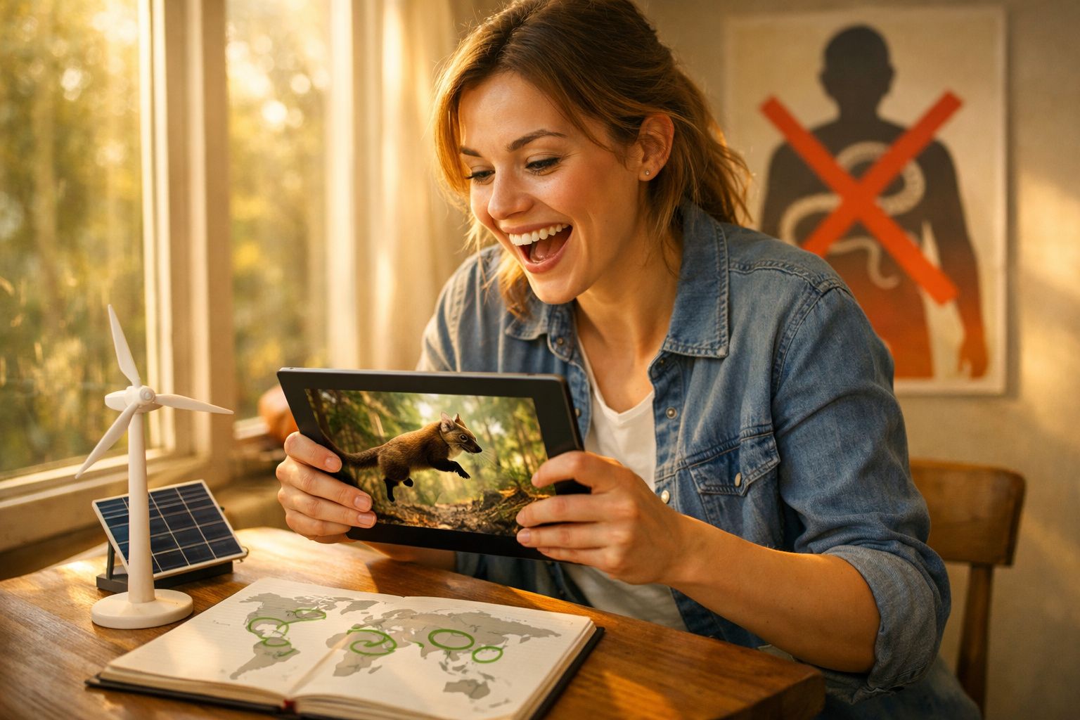 Mulher sorridente a olhar para um tablet com imagem de veado, com modelo de turbina e painel solar na mesa.