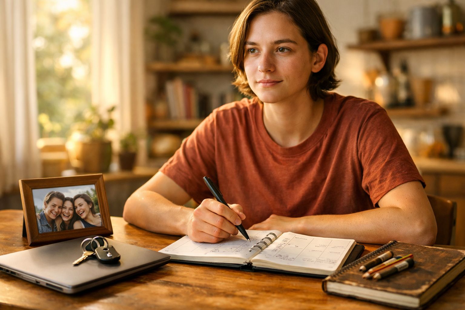 Jovem sentada à mesa a escrever em agenda, com foto de amigos, chaves e portátil à sua frente.