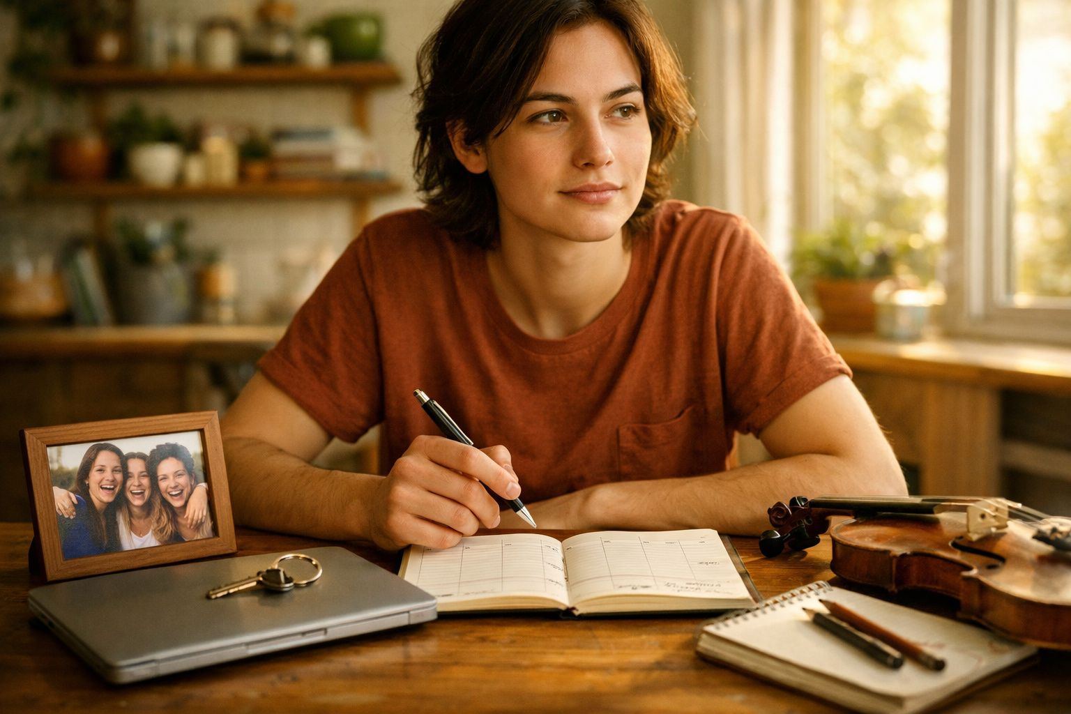 Jovem sentada a escrever num diário, com violino, laptop e foto de amigos numa mesa de madeira.