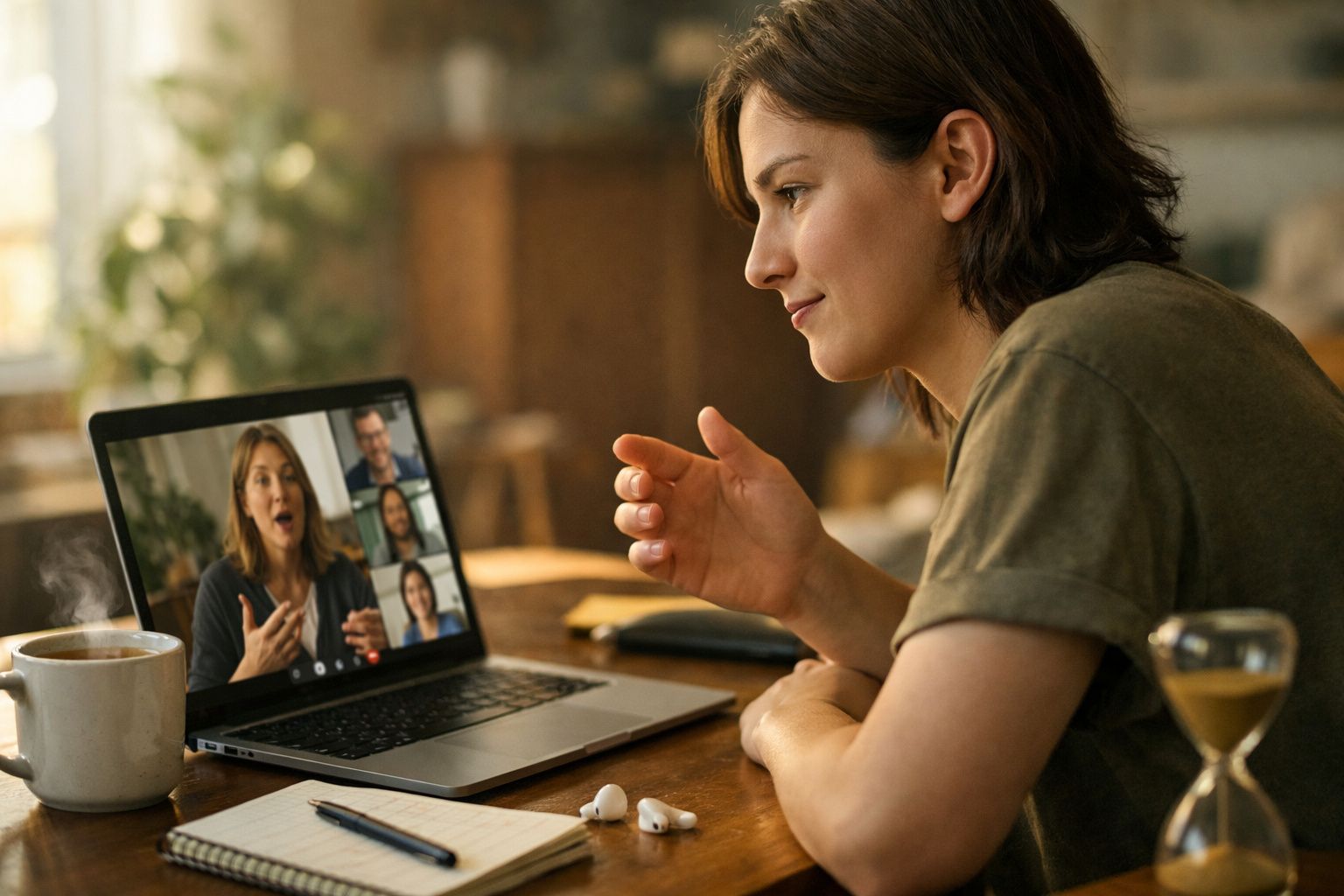 Mulher a fazer videoconferência num portátil, com chá quente, ampulheta e material de escrita numa mesa.