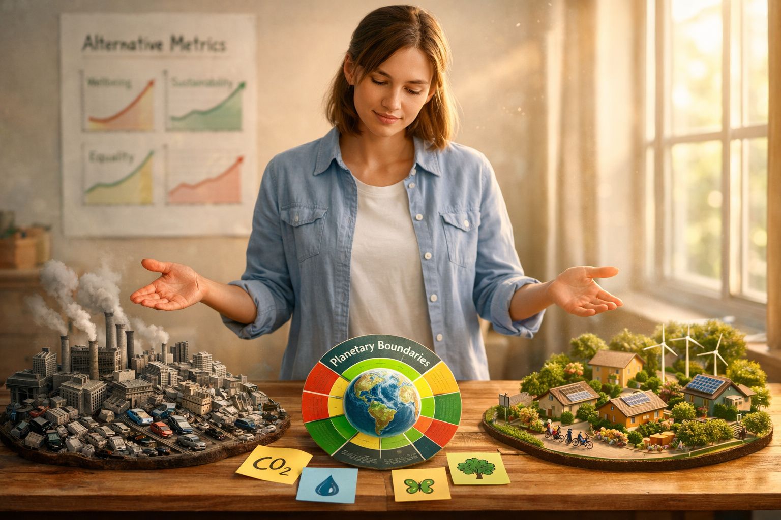 Mulher compara maqueta poluente de cidade com maqueta sustentável com painéis solares e eólicas.