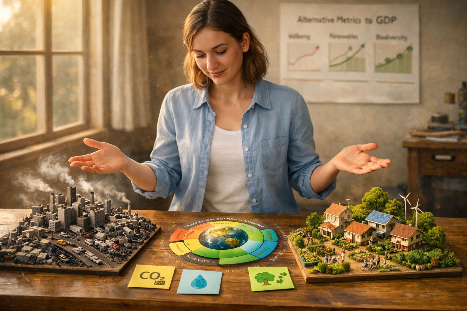 Mulher a comparar maquetes de cidade poluída e sustentável em mesa com gráficos ambientais.