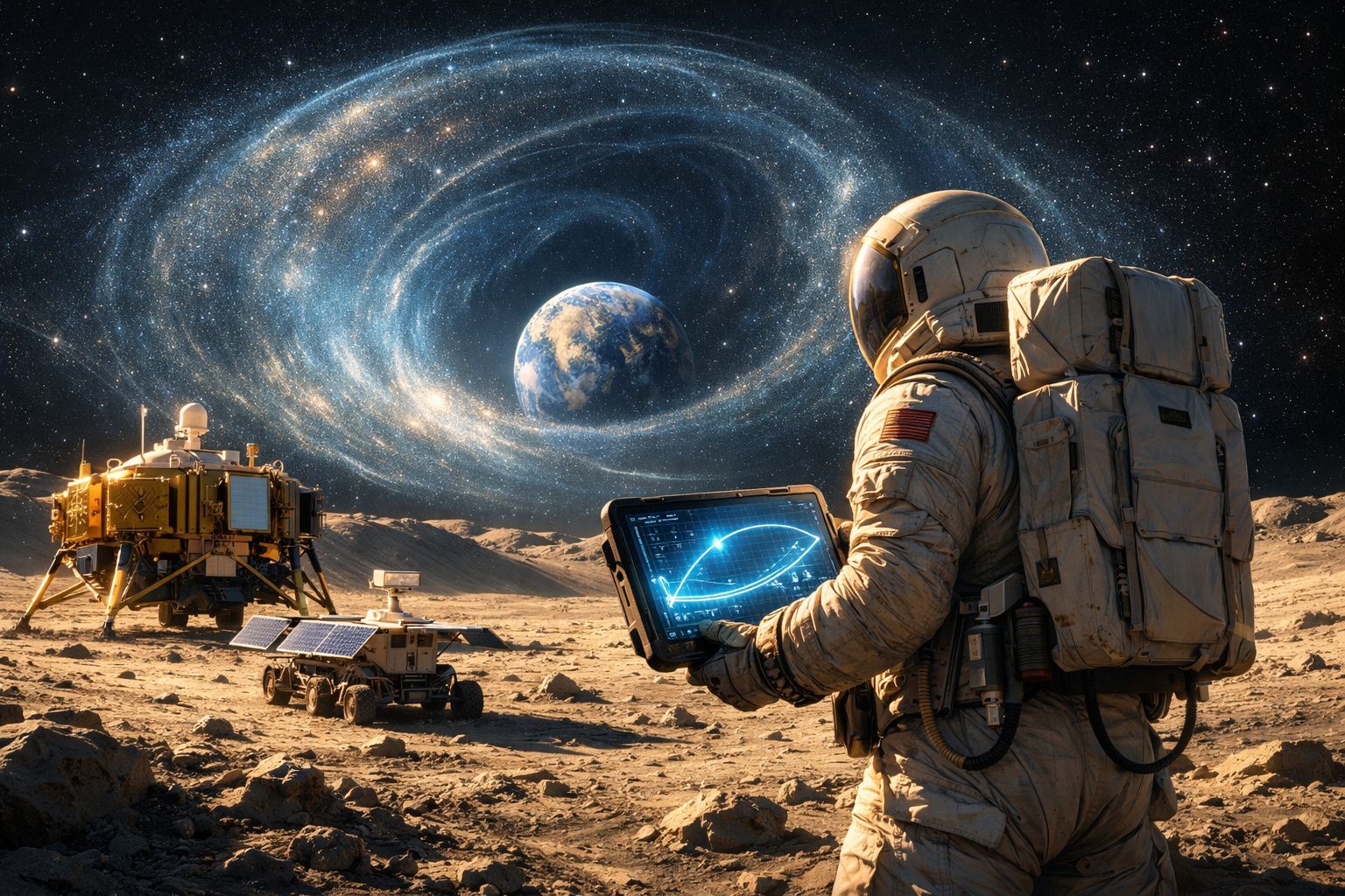 Astronauta na superfície lunar com tablet, rover e base lunar, Terra e galáxia visíveis no céu estrelado.