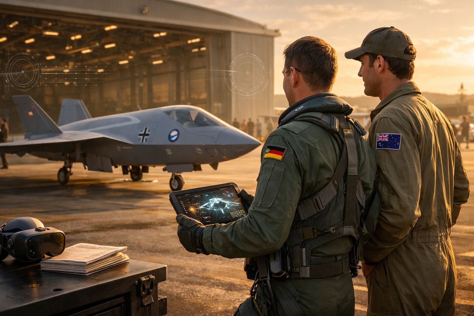 Dois militares observam um drone militar na pista de um aeródromo ao entardecer.