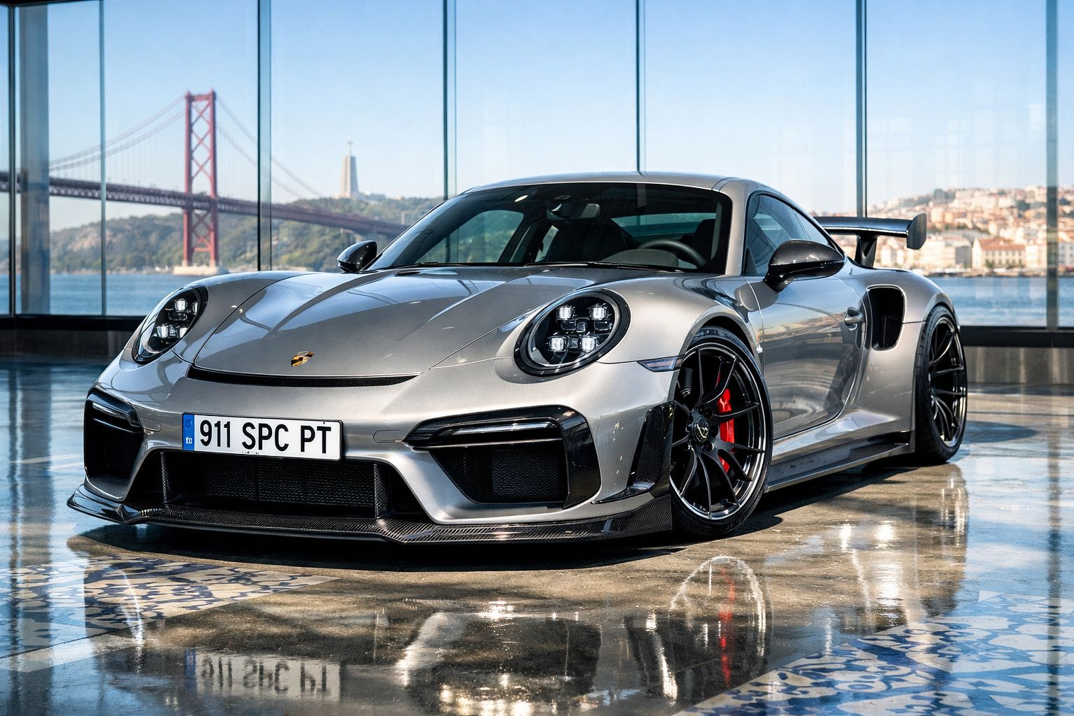 Carro desportivo Porsche 911 cinza estacionado em interior com chão reflexivo e vista panorâmica com ponte e rio ao fundo.