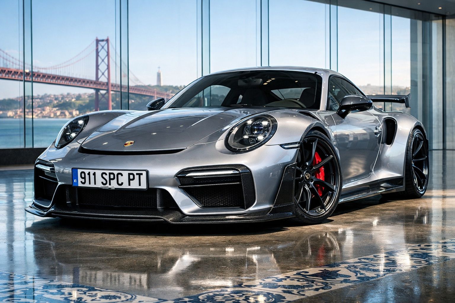 Carro desportivo Porsche 911 cinza estacionado em piso brilhante com ponte e rio ao fundo.