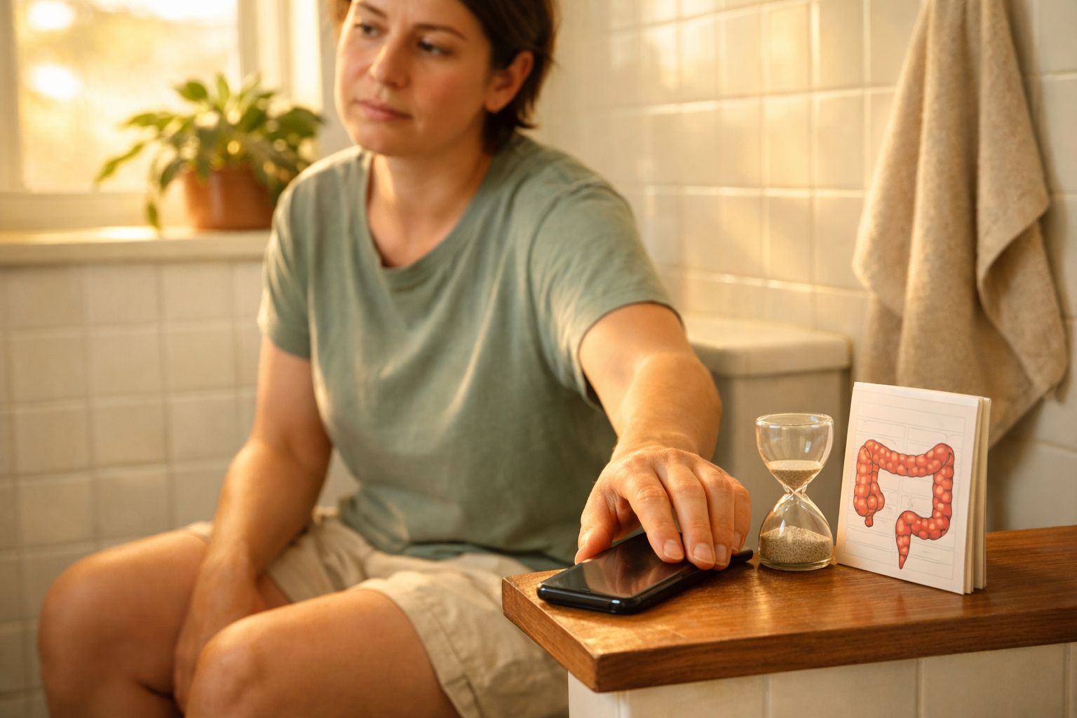 Pessoa sentada a usar telemóvel ao lado de ampulheta e imagem do sistema digestivo numa mesa.