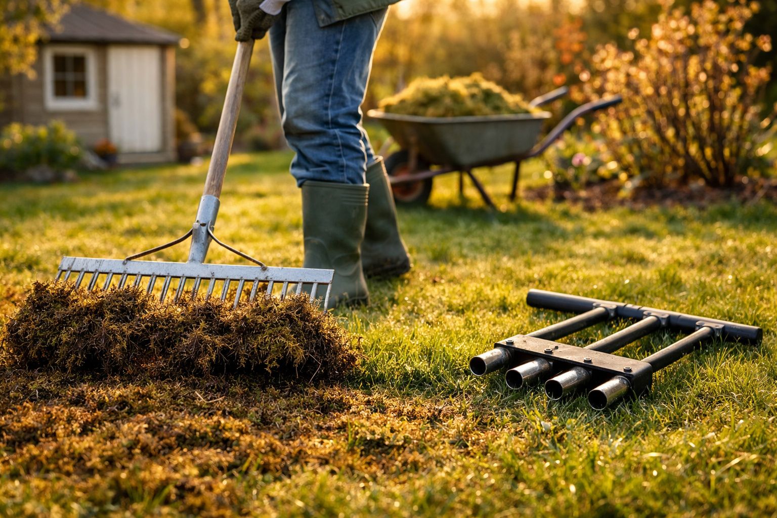 Pessoa a fazer jardinagem com ancinho, carrinho de mão e aerador no relvado ao entardecer.