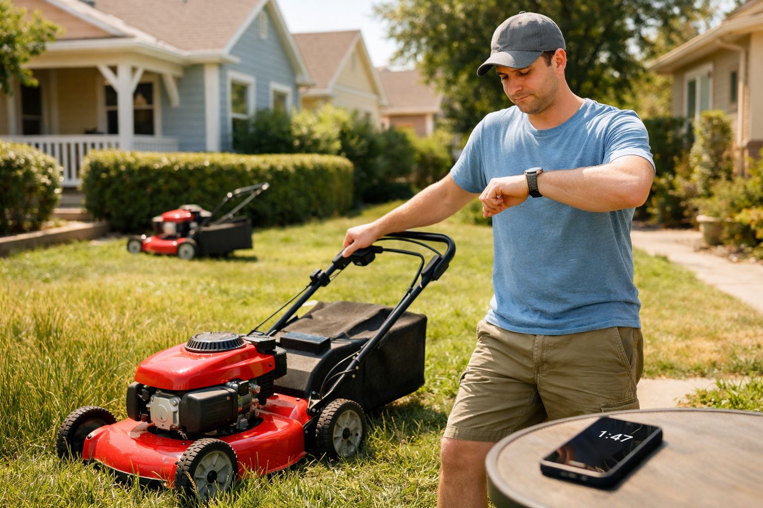 Homem com chapéu e t-shirt azul a cortar relva com cortador vermelho e a olhar para relógio.