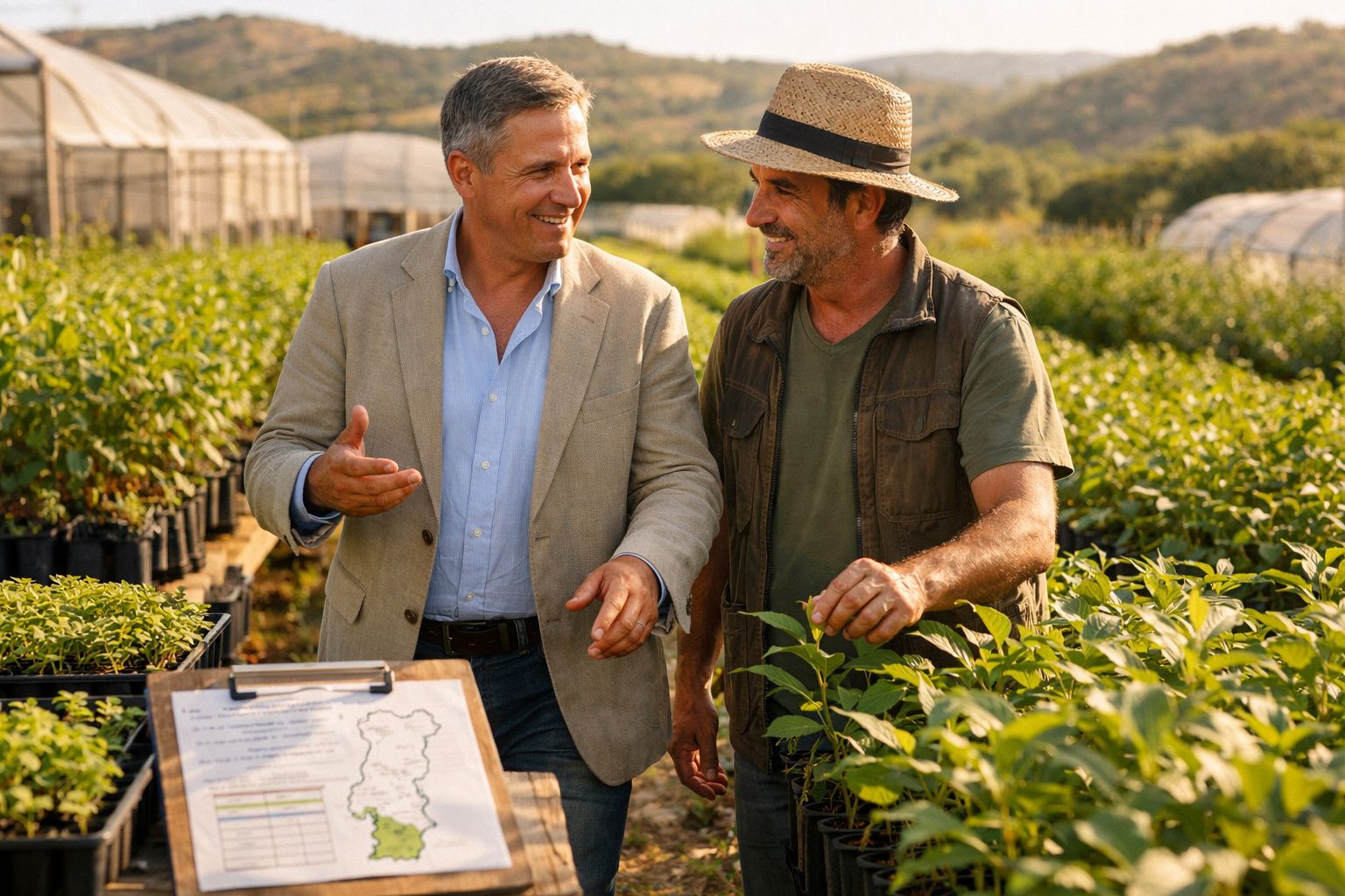 Dois homens a conversar numa estufa com plantas, um veste fato e o outro roupa casual com chapéu de palha.