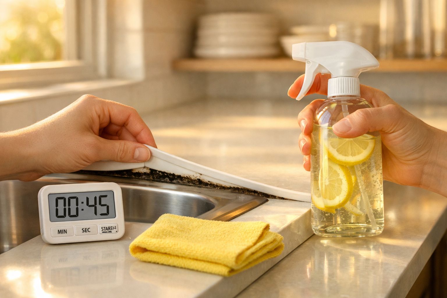 Mãos a levantar fita adesiva para limpar borda manchada da pia, borrifador com limão e cronómetro a marcar 45 segundos.
