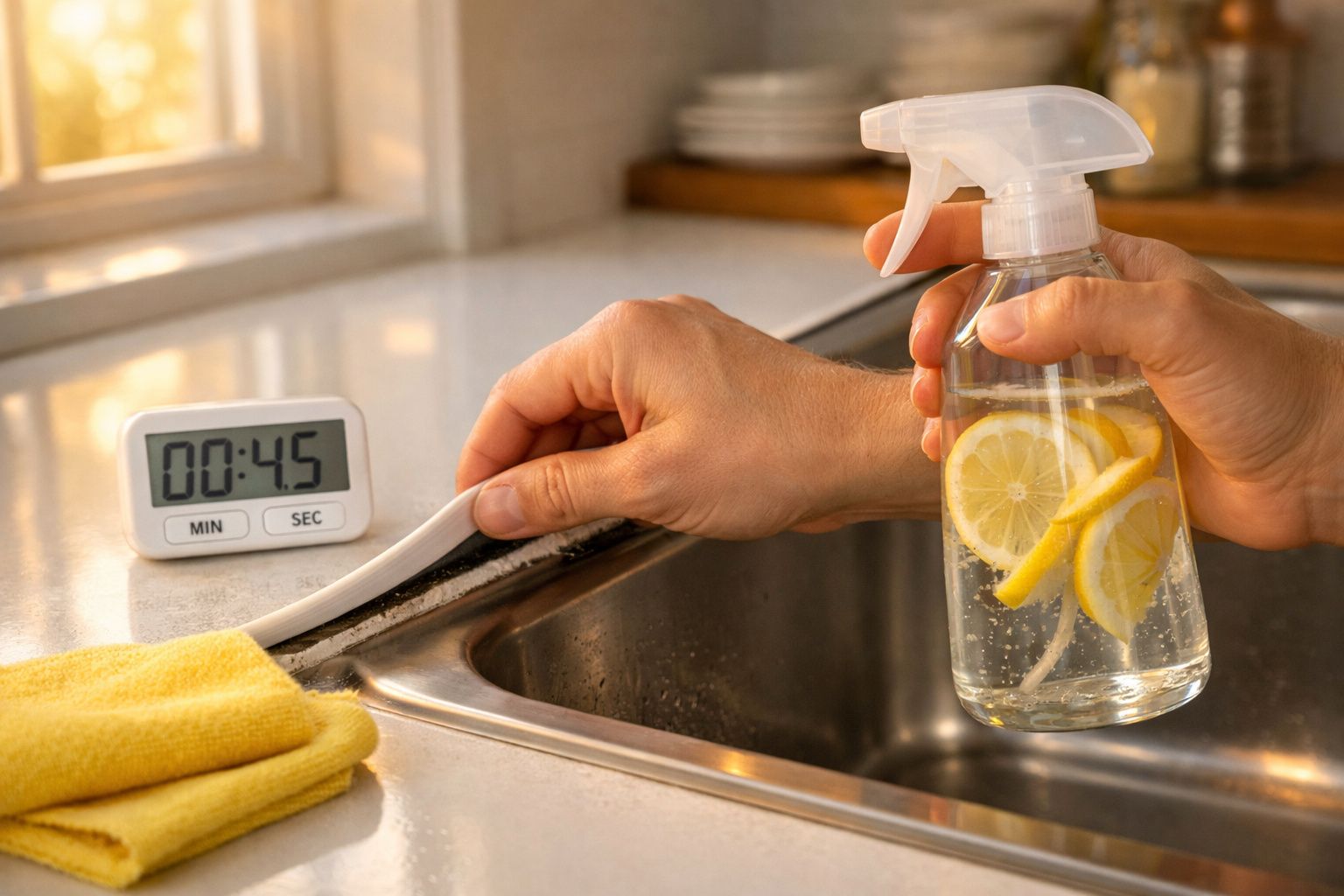 Pessoa a limpar o canto de uma pia com esponja e spray de água com limão, temporizador a 45 segundos.