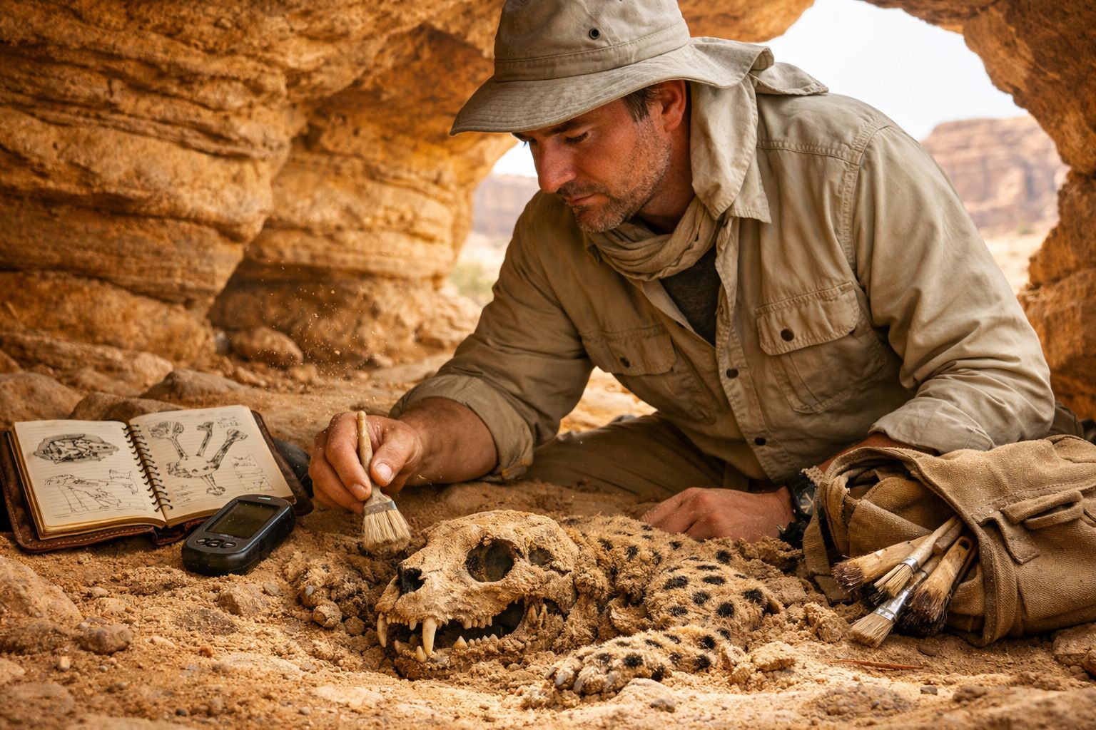 Arqueólogo a escavar e limpar um crânio fóssil de leopardo num sítio arqueológico rochoso.