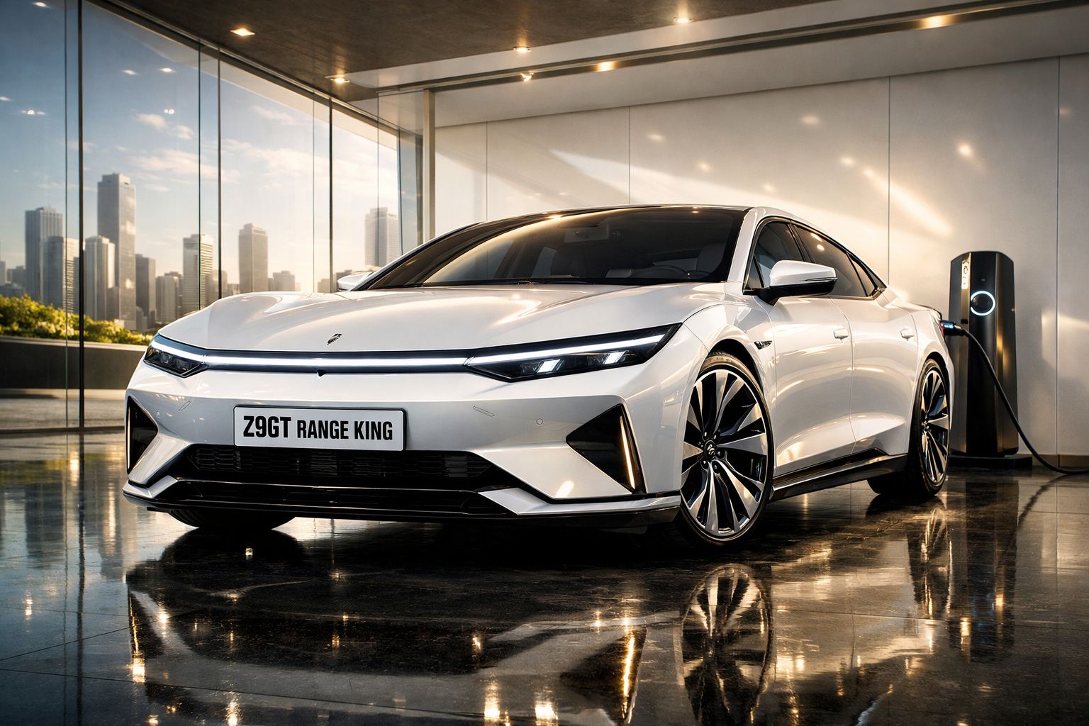 Carro elétrico branco Z9GT Range King estacionado numa garagem moderna a carregar bateria.