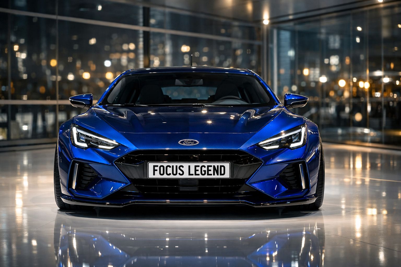Carro desportivo Ford Focus Legend azul metálico visto de frente em ambiente urbano noturno.