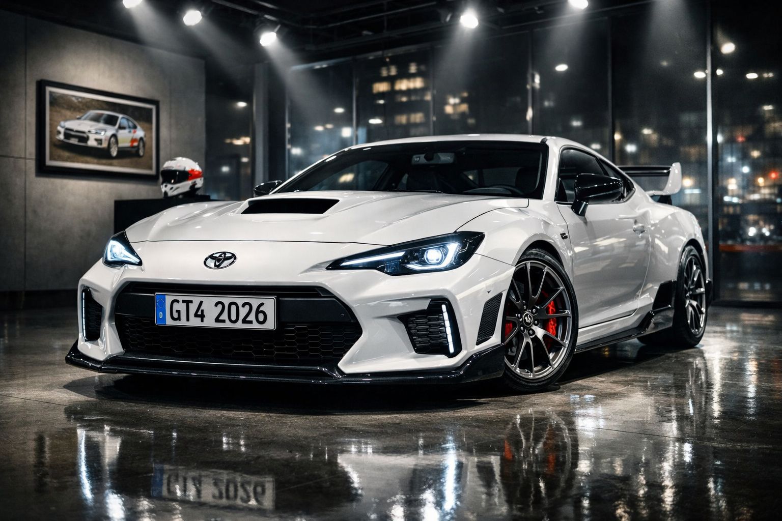 Carro desportivo branco Toyota GT4 estacionado em garagem com piso molhado e cenário urbano noturno.