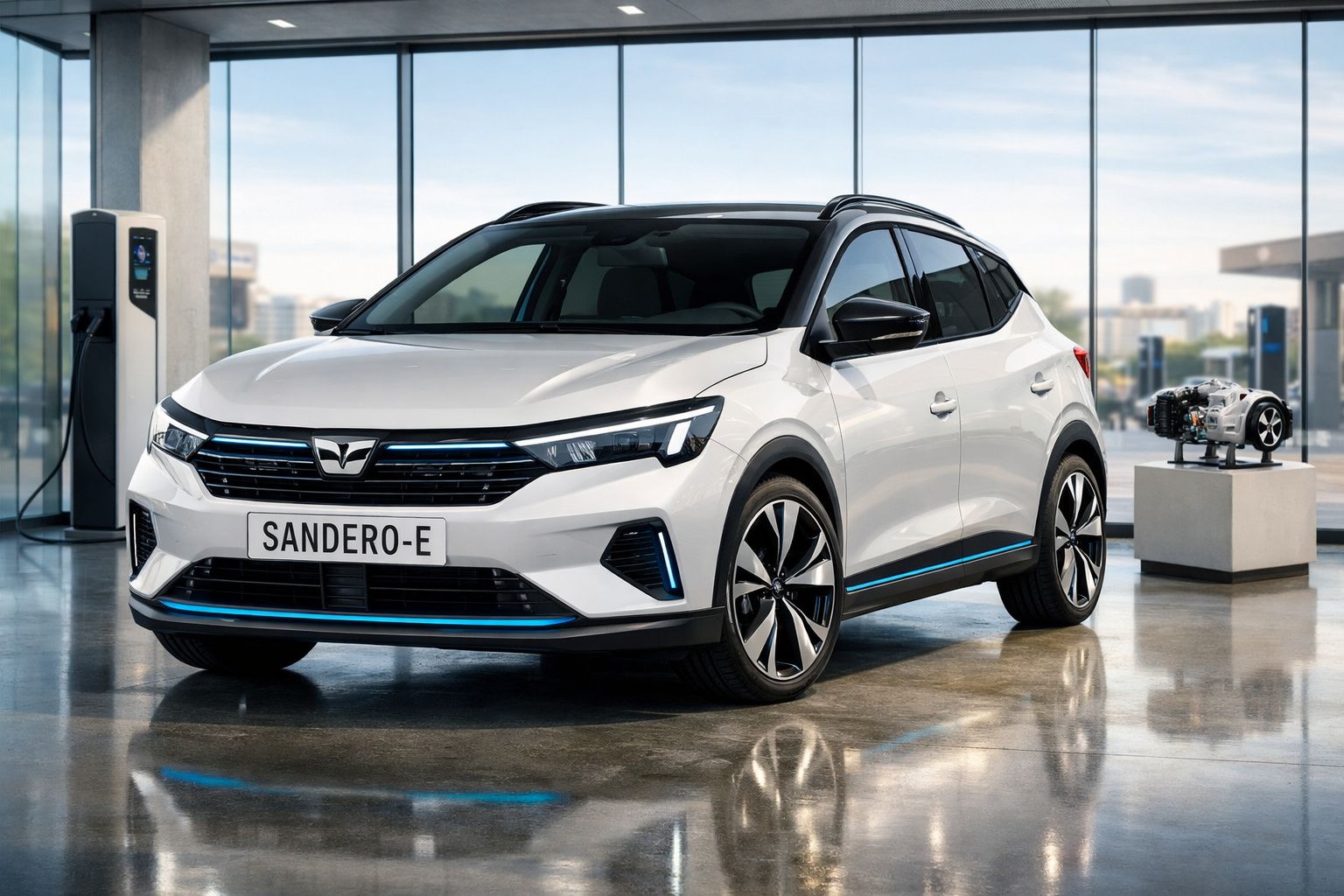 Carro elétrico branco Sandero-E estacionado junto a posto de carregamento numa garagem moderna.