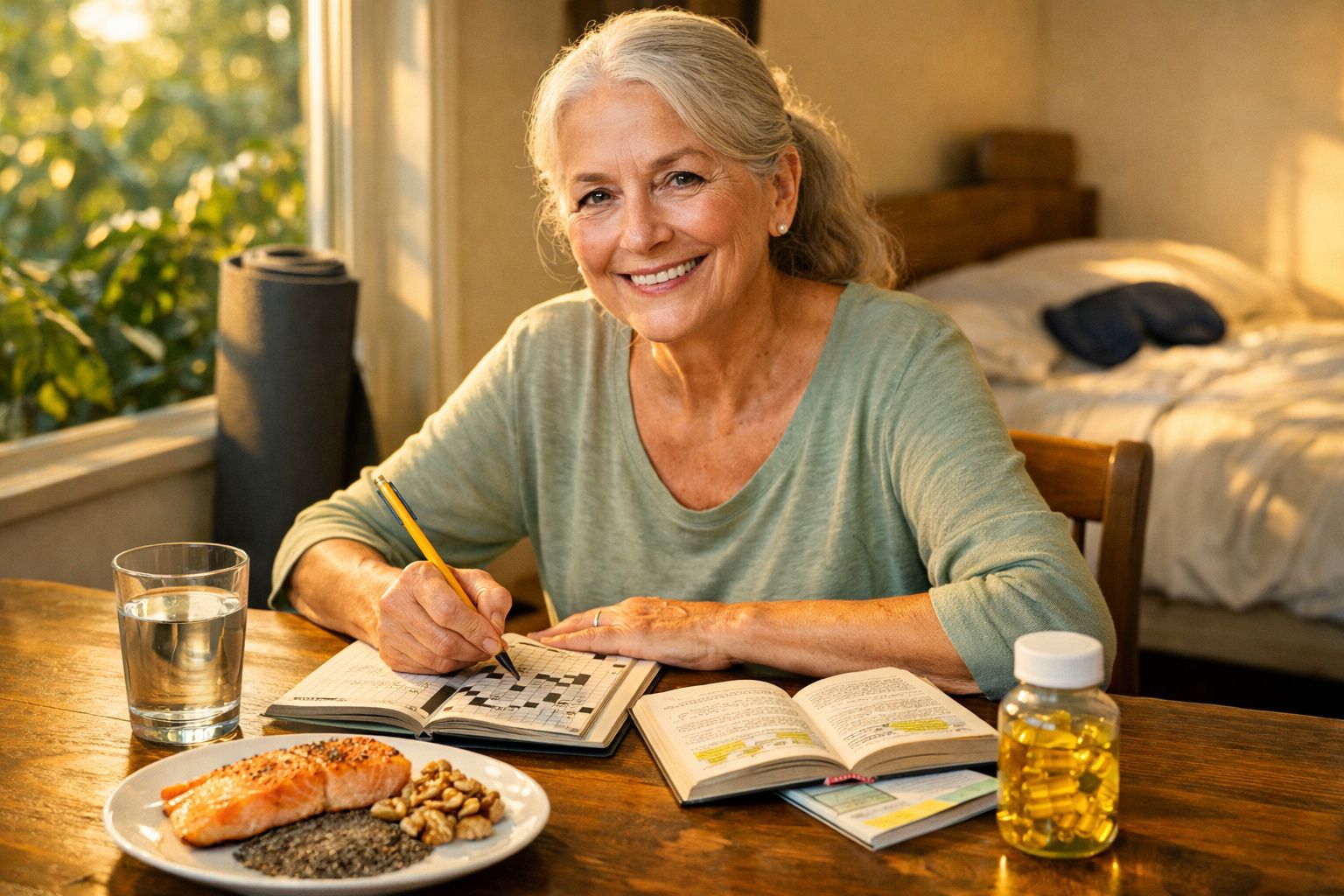 Mulher sénior sorridente a fazer palavras cruzadas, com comida saudável e suplementos numa mesa acolhedora.