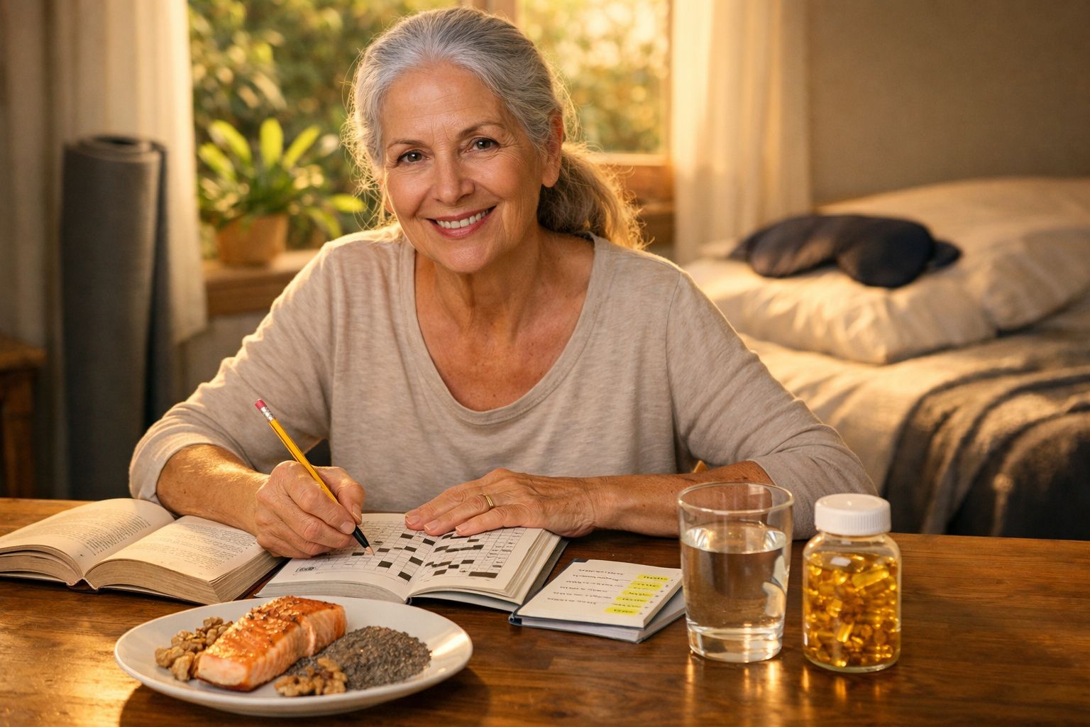 Mulher sénior sorridente a fazer palavras cruzadas numa mesa com comida saudável, suplemento e copo de água.