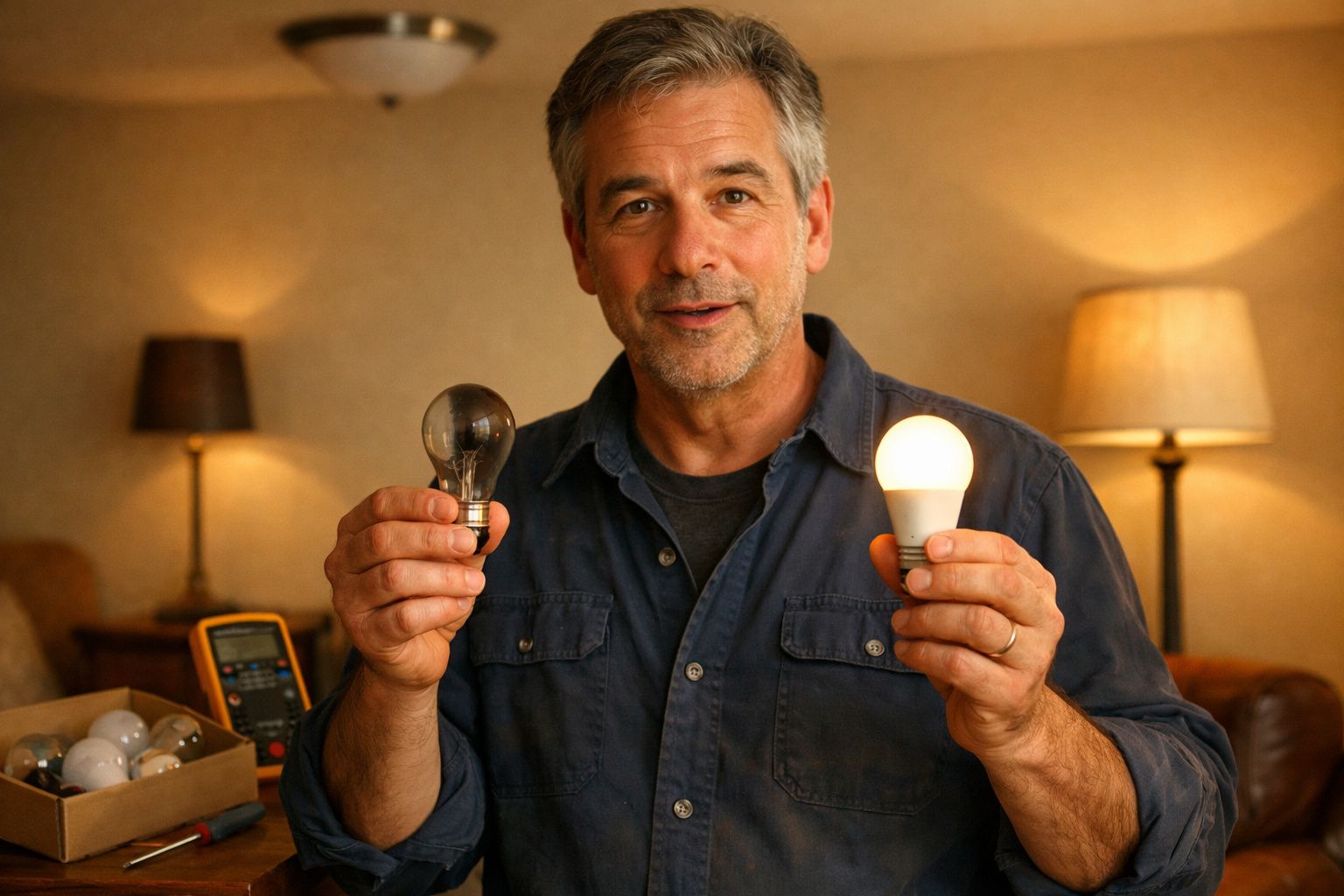 Homem a segurar uma lâmpada incandescente apagada e uma LED acesa numa sala com luz suave.
