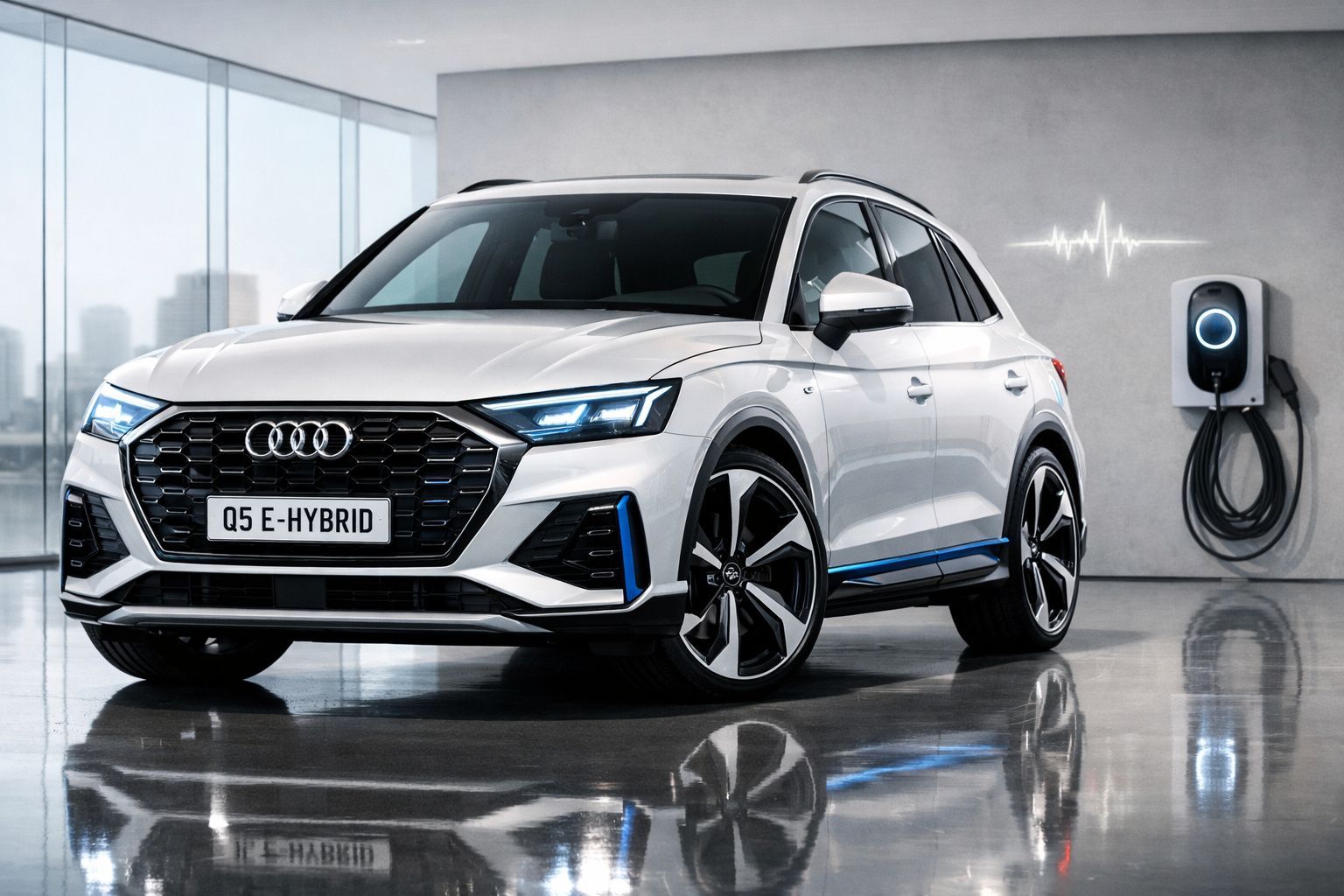 Carro Audi Q5 E-Hybrid branco estacionado junto a carregador elétrico interior.