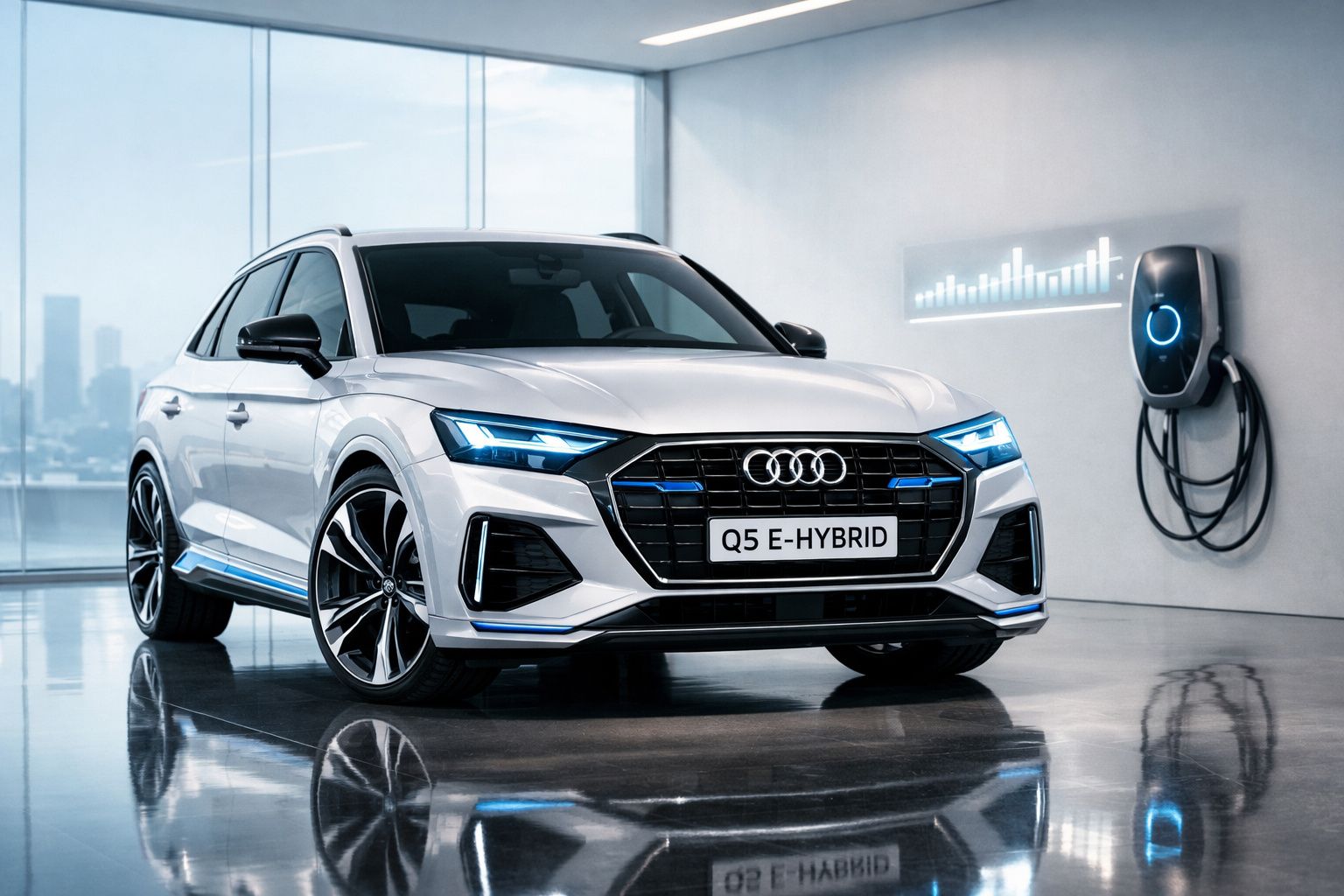 Carro elétrico Audi Q5 E-Hybrid branco ligado a carregador em ambiente moderno e iluminado.