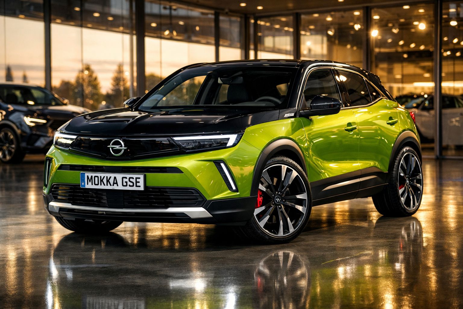 Carro Opel Mokka GSE verde com teto preto, em showroom com chão brilhante, ao entardecer.