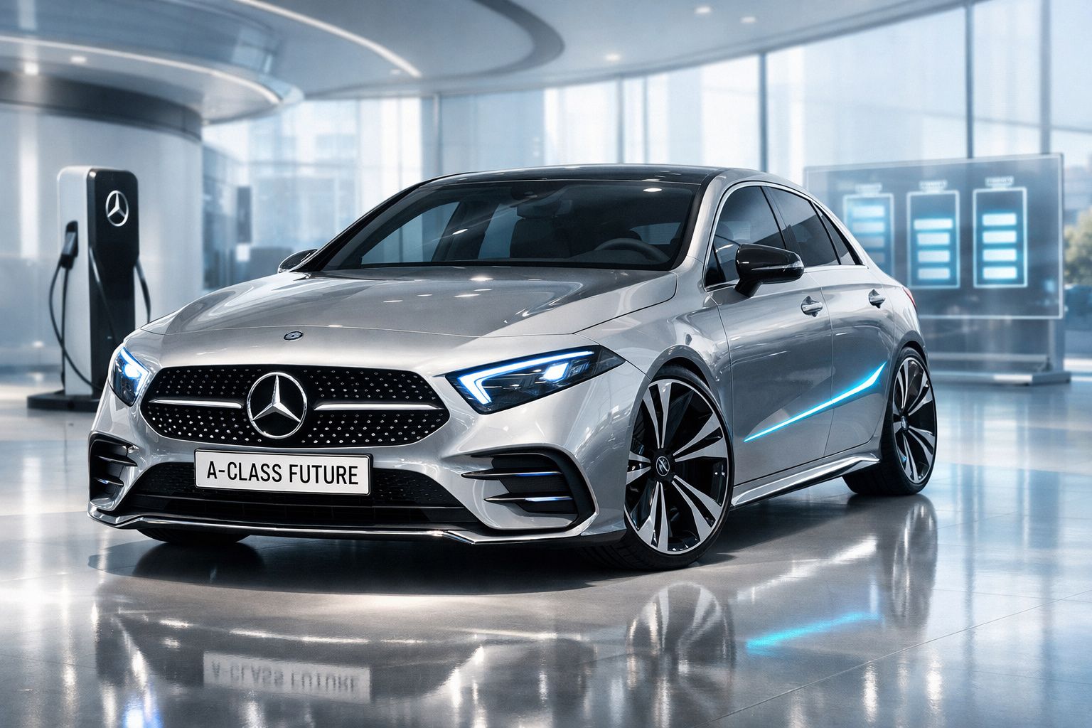 Carro elétrico Mercedes-Benz A-Class Future estacionado em interior com carregador visível ao fundo.