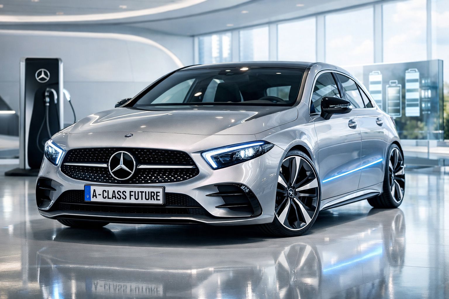 Mercedes-Benz A-Class futurista cinzento prateado em showroom moderno com luzes LED acesas.