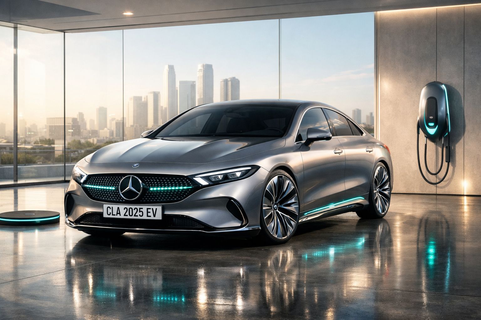 Mercedes-Benz CLA 2025 elétrico cinza, a carregar numa estação moderna, com skyline urbano ao fundo.