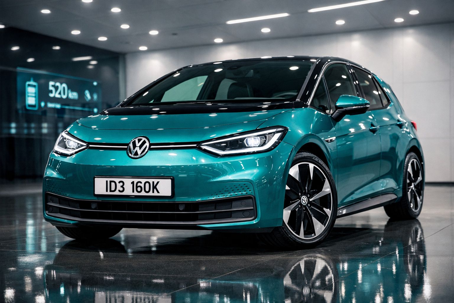Carro elétrico Volkswagen ID.3 azul turquesa numa garagem iluminada, vista frontal lateral direita.