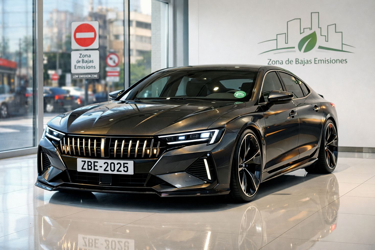 Carro elétrico preto com matrícula ZBE-2025 numa zona de baixas emissões interiores.