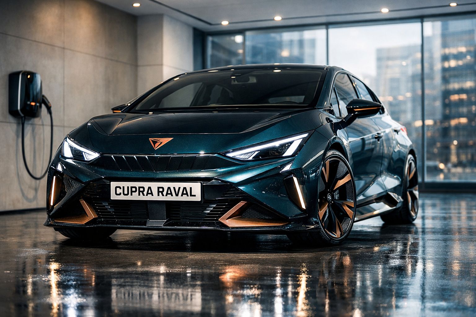 Carro elétrico Cupra Raval azul escuro com detalhes em bronze estacionado em garagem moderna.