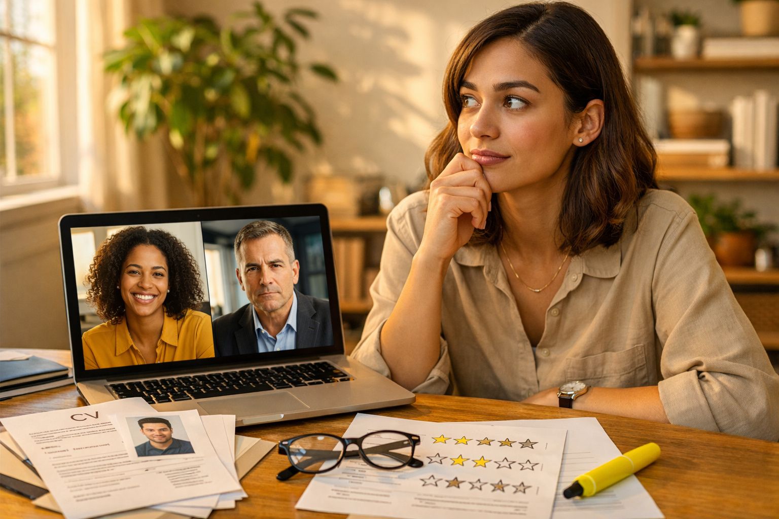 Mulher a fazer videoconferência com dois colegas, com documentos e óculos sobre a mesa de trabalho.