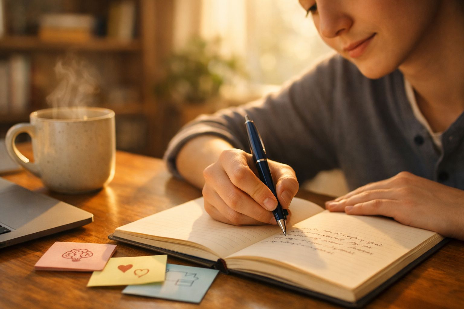 Pessoa a escrever num caderno à mesa com caneca, notas e computador num ambiente acolhedor e iluminado.