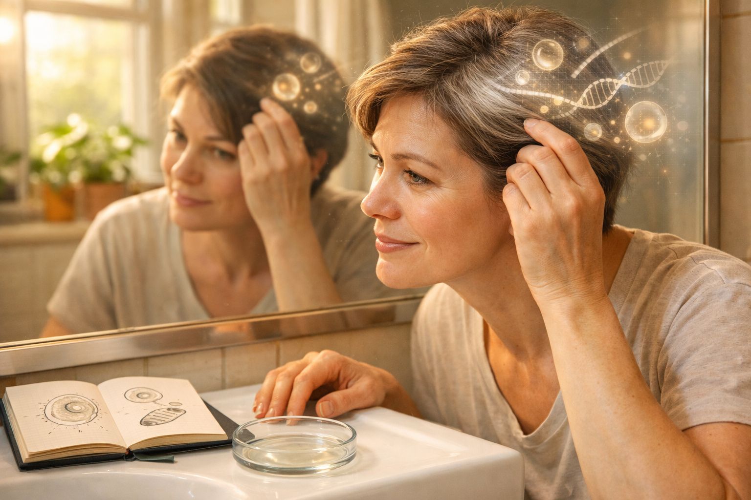 Mulher sorridente junto a espelho com ilustrações de ADN e caderno aberto com desenhos de células.