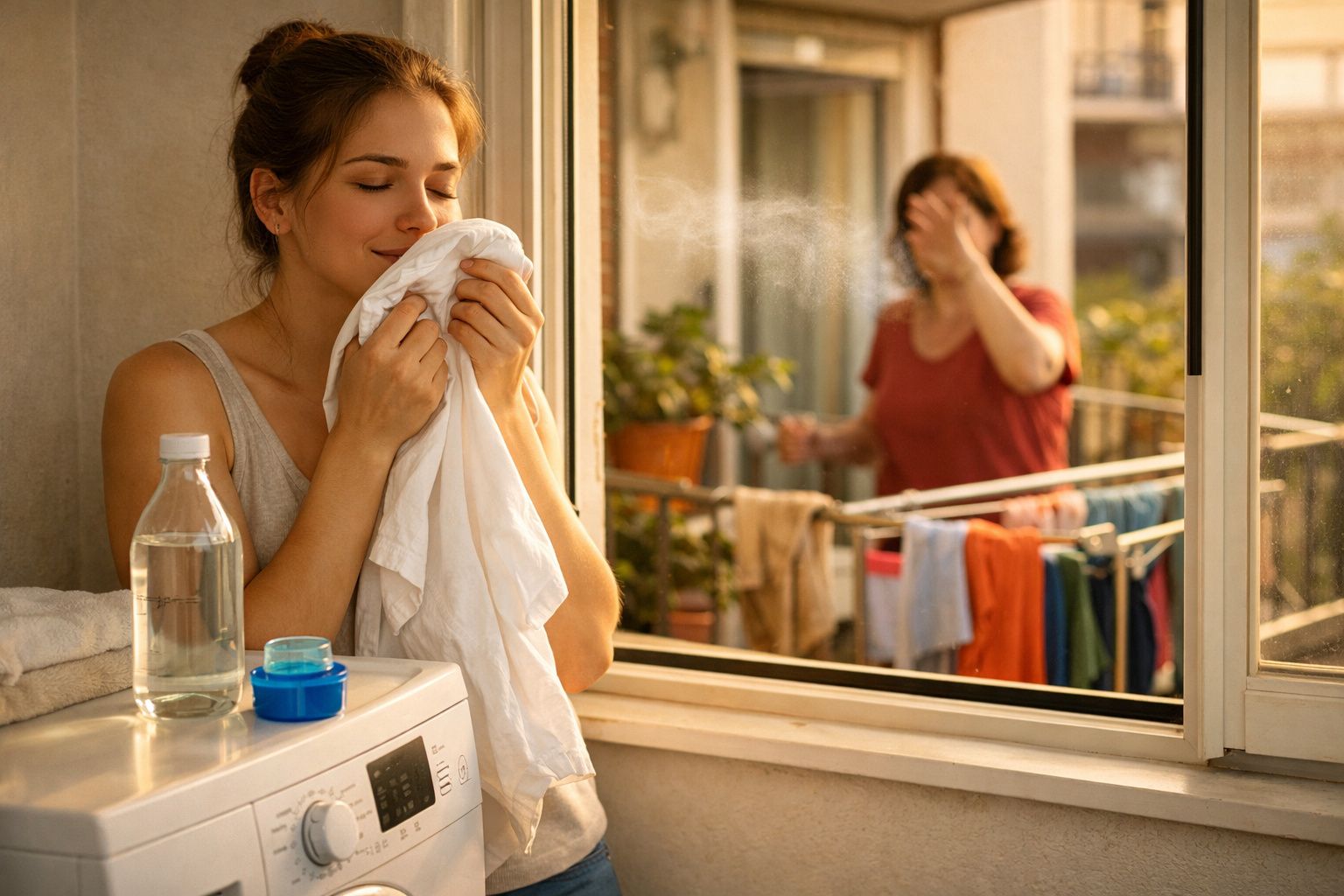 Mulher a cheirar roupa lavada junto à máquina, com outra mulher ao fundo numa varanda com roupa estendida.