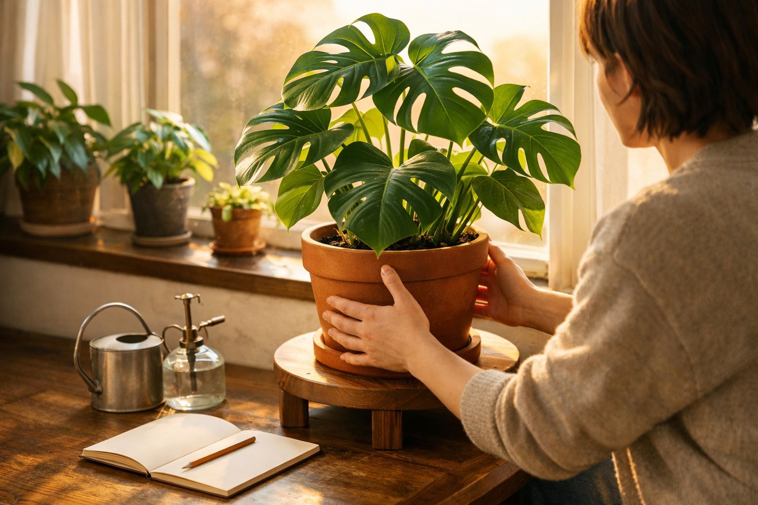 Pessoa a cuidar de planta verde em vaso de barro junto a janela iluminada, com regador e caderno à mesa.